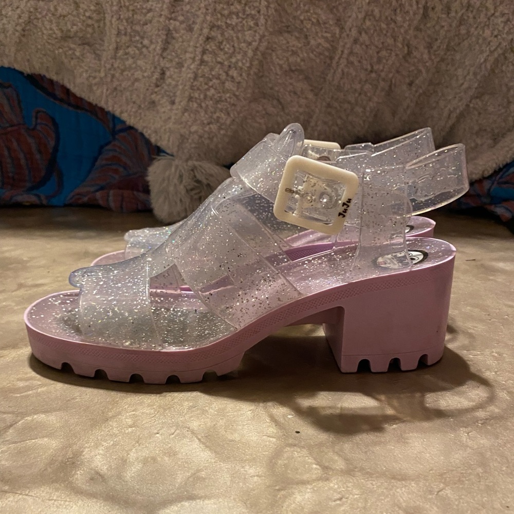 JuJu jellies from UK. Size 6 UK. Lavender sole, chunky heel, clear w/ sparkle.